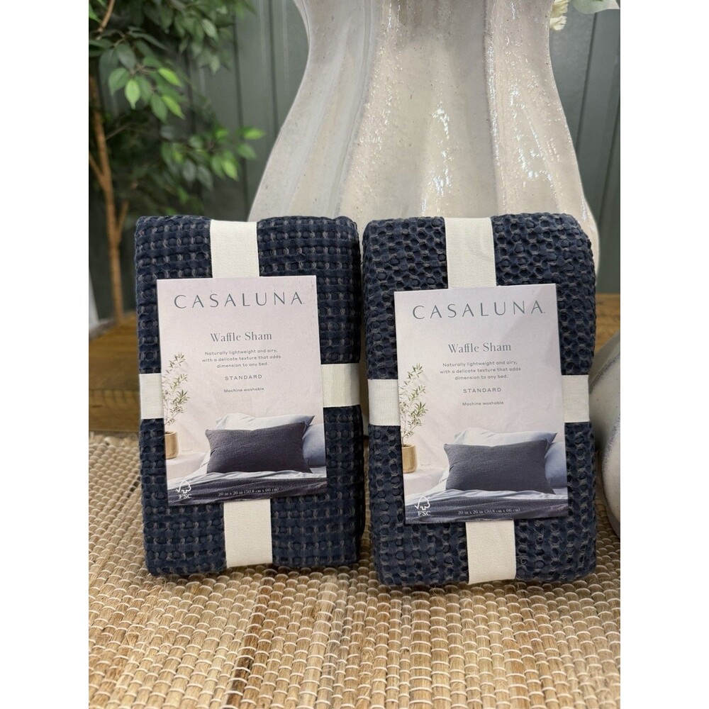 Set of 2 Casaluna Waffle Textured Pillow Shams Dark Mineral Blue Standard NEW